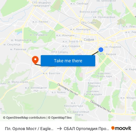 Пл. Орлов Мост / Eagles' Bridge Sq. (1287) to СБАЛ Oртопедия  Проф. Бойчо Бойчев map