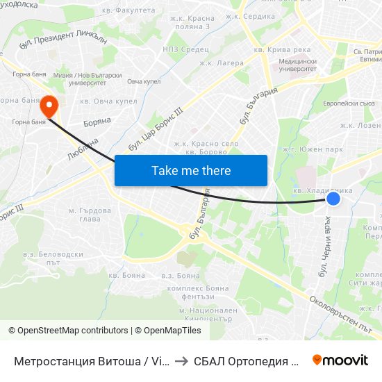 Метростанция Витоша / Vitosha Metro Station (0909) to СБАЛ Oртопедия  Проф. Бойчо Бойчев map