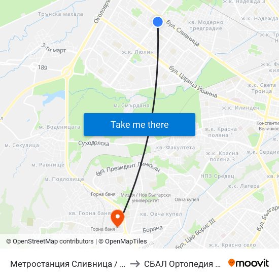 Метростанция Сливница / Slivnitsa Metro Station (1063) to СБАЛ Oртопедия  Проф. Бойчо Бойчев map