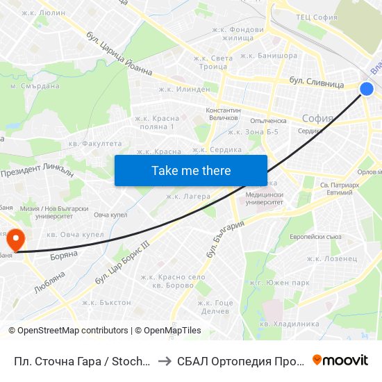 Пл. Сточна Гара / Stochna Gara Sq. (1316) to СБАЛ Oртопедия  Проф. Бойчо Бойчев map