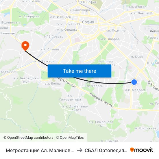 Метростанция Ал. Малинов / Al. Malinov Metro Station (0170) to СБАЛ Oртопедия  Проф. Бойчо Бойчев map