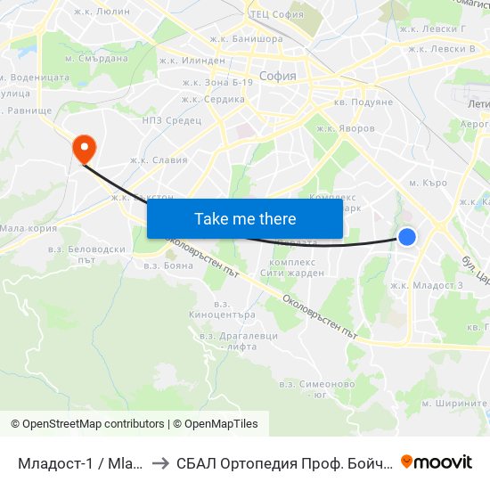 Младост-1 / Mladost 1 to СБАЛ Oртопедия  Проф. Бойчо Бойчев map