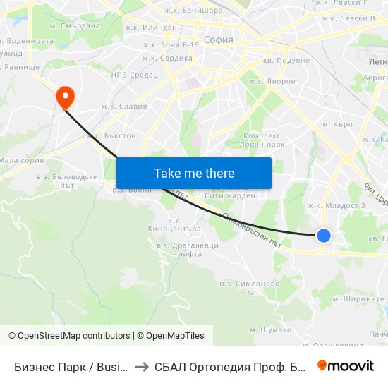 Бизнес Парк / Business Park to СБАЛ Oртопедия  Проф. Бойчо Бойчев map