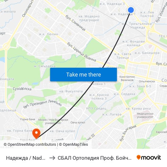 Надежда / Nadezhda to СБАЛ Oртопедия  Проф. Бойчо Бойчев map