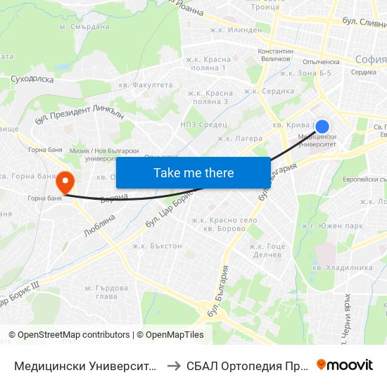 Медицински Университет / Medical University to СБАЛ Oртопедия  Проф. Бойчо Бойчев map