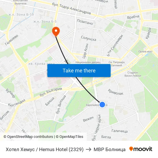 Ⓜ️ Хотел Хемус / Hemus Hotel (2329) to МВР Болница map