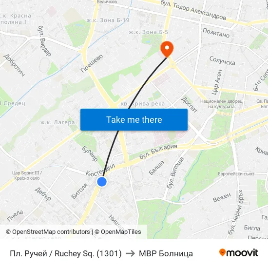 Пл. Ручей / Ruchey Sq. (1301) to МВР Болница map