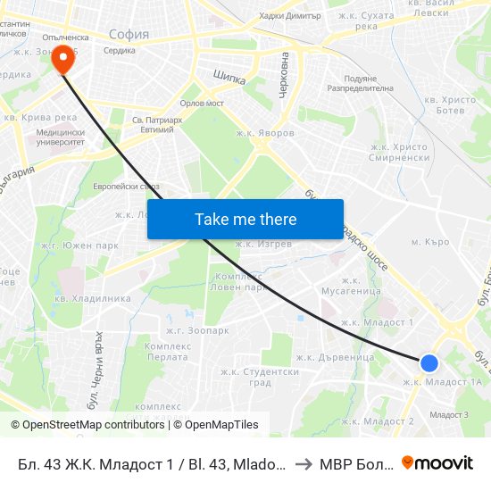 Бл. 43 Ж.К. Младост 1 / Bl. 43, Mladost 1 Qr. (0218) to МВР Болница map