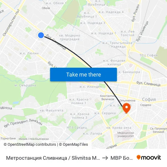 Ⓜ️ Метростанция Сливница / Slivnitsa Metro Station (1063) to МВР Болница map