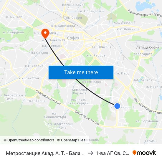Метростанция Акад. А. Т. - Балан / Acad. A. T.-Balan Metro Station (1917) to 1-ва АГ  Св. София  (Т. Киркова) map