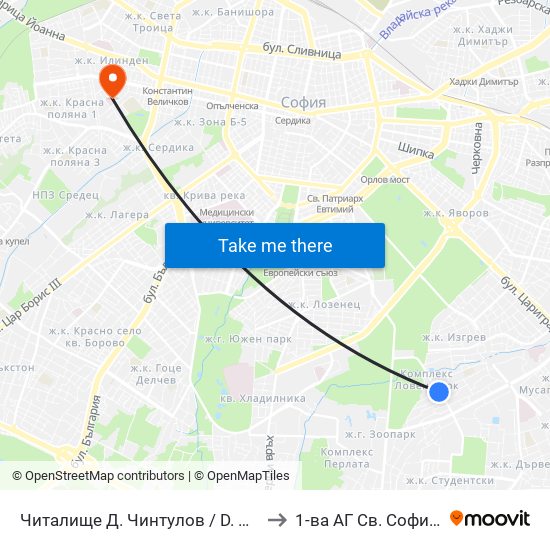 Читалище Д. Чинтулов / D. Chintulov Library (2365) to 1-ва АГ  Св. София  (Т. Киркова) map
