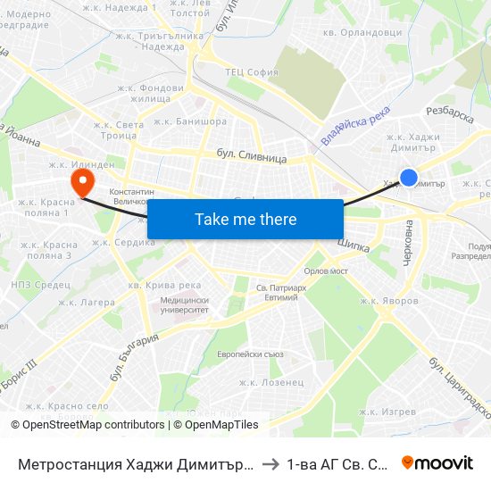 Метростанция Хаджи Димитър / Hadzhi Dimitar Metro Station (0303) to 1-ва АГ  Св. София  (Т. Киркова) map