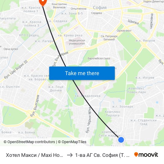 Хотел Макси / Maxi Hotel (2321) to 1-ва АГ  Св. София  (Т. Киркова) map