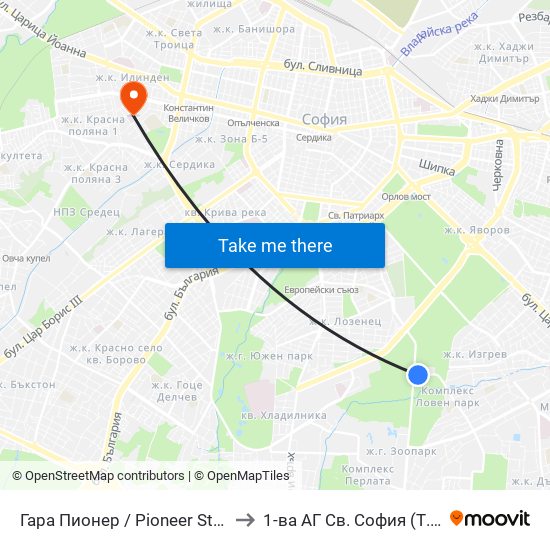 Гара Пионер / Pioneer Station (0465) to 1-ва АГ  Св. София  (Т. Киркова) map