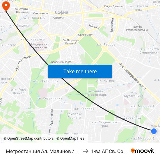 Метростанция Ал. Малинов / Al. Malinov Metro Station (0170) to 1-ва АГ  Св. София  (Т. Киркова) map