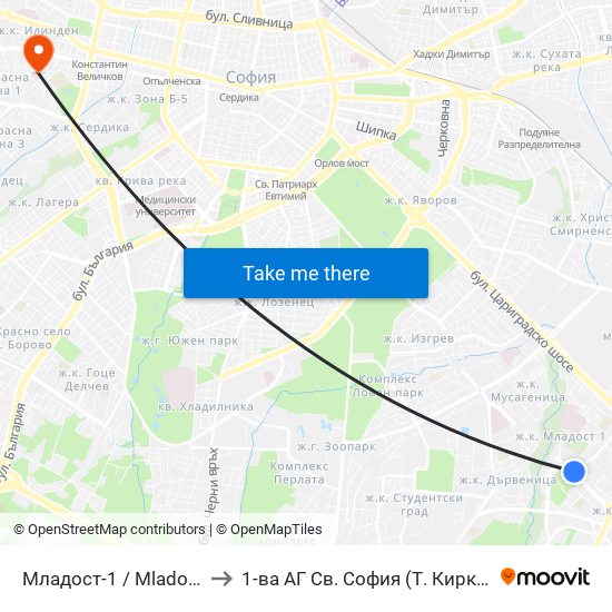 Младост-1 / Mladost 1 to 1-ва АГ  Св. София  (Т. Киркова) map