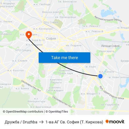 Дружба / Druzhba to 1-ва АГ  Св. София  (Т. Киркова) map