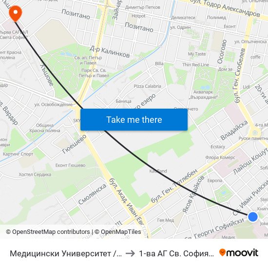 Медицински Университет / Medical University to 1-ва АГ  Св. София  (Т. Киркова) map