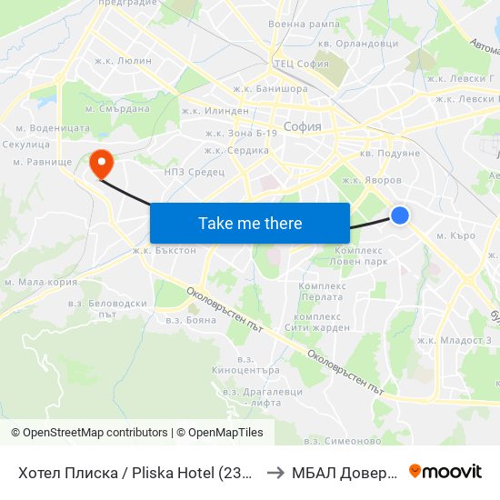 Хотел Плиска / Pliska Hotel (2326) to МБАЛ Доверие map