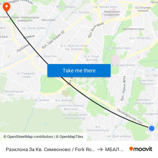 Разклона За Кв. Симеоново / Fork Road To Simeonovo Qr. (1458) to МБАЛ Доверие map