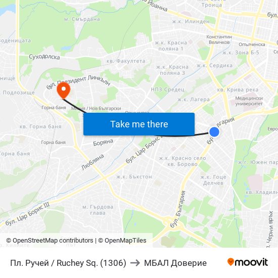 Пл. Ручей / Ruchey Sq. (1306) to МБАЛ Доверие map