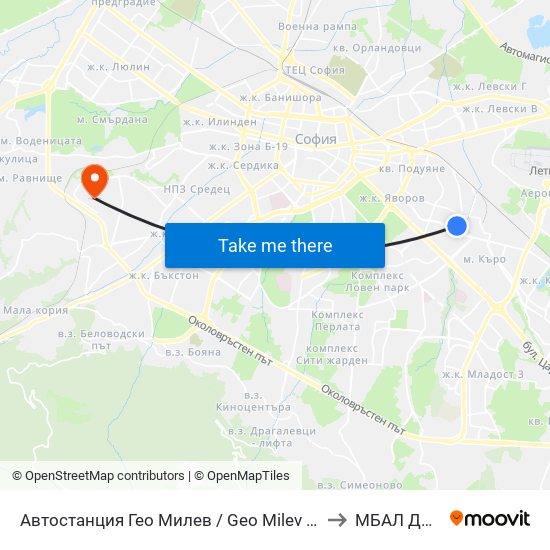 Автостанция Гео Милев / Geo Milev Bus Station (0052) to МБАЛ Доверие map
