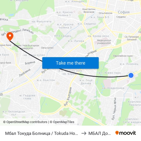 Мбал Токуда Болница / Tokuda Hospital (0206) to МБАЛ Доверие map