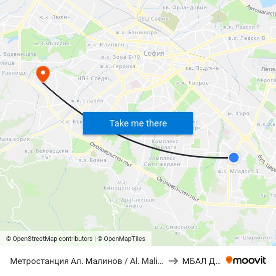 Метростанция Ал. Малинов / Al. Malinov Metro Station (0170) to МБАЛ Доверие map
