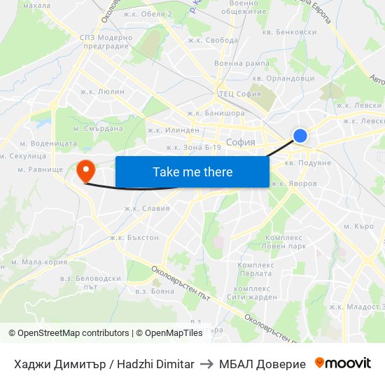 Хаджи Димитър / Hadzhi Dimitar to МБАЛ Доверие map