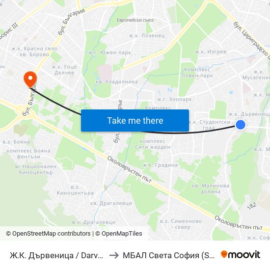 Ж.К. Дървеница / Darvenitsa Qr. (1015) to МБАЛ Свeта София (St. Sofia Hospital) map