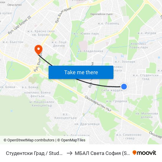 Студентски Град / Students' Town (2382) to МБАЛ Свeта София (St. Sofia Hospital) map
