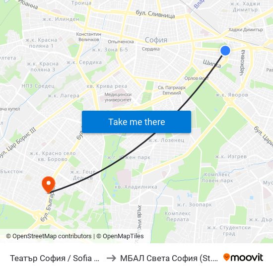 Театър София / Sofia Theatre (1727) to МБАЛ Свeта София (St. Sofia Hospital) map