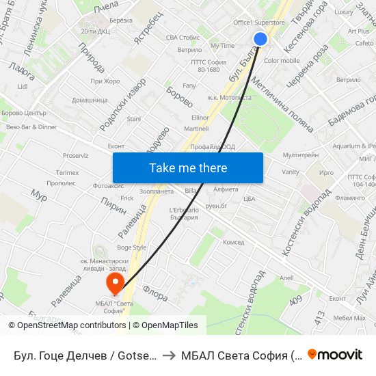 Бул. Гоце Делчев / Gotse Delchev Blvd. (0308) to МБАЛ Свeта София (St. Sofia Hospital) map