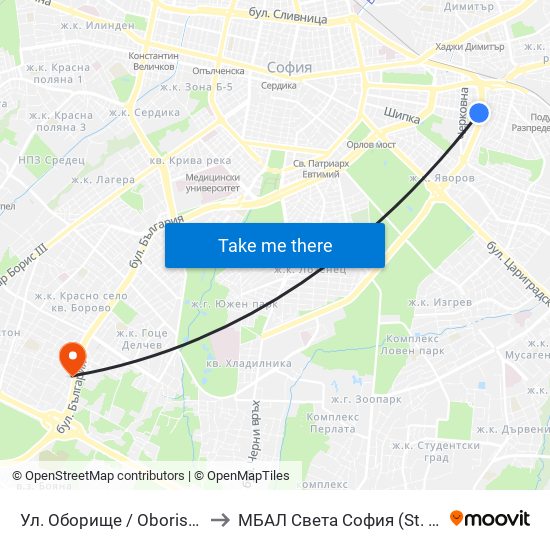 Ул. Оборище / Oborishte St. (2074) to МБАЛ Свeта София (St. Sofia Hospital) map