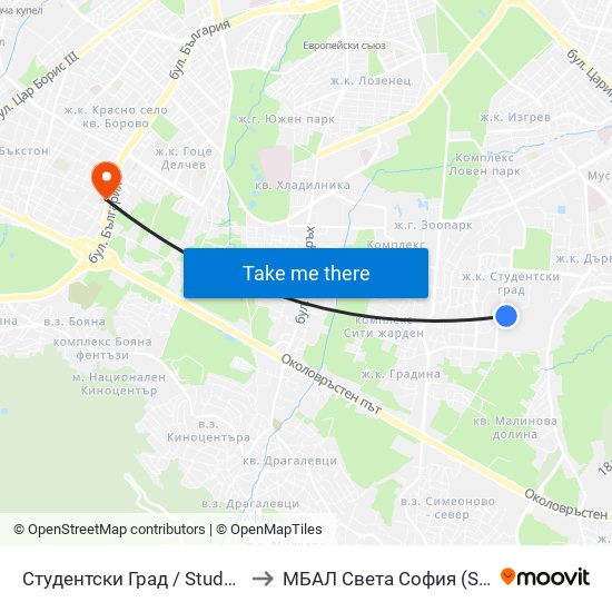 Студентски Град / Students' Town (1693) to МБАЛ Свeта София (St. Sofia Hospital) map