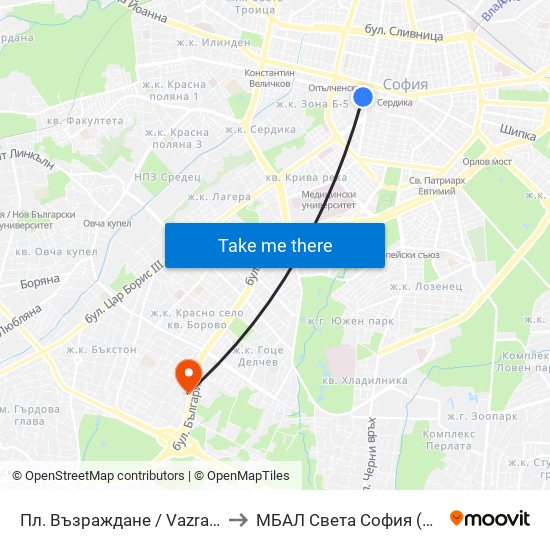 Пл. Възраждане / Vazrazhdane Sq. (1269) to МБАЛ Свeта София (St. Sofia Hospital) map