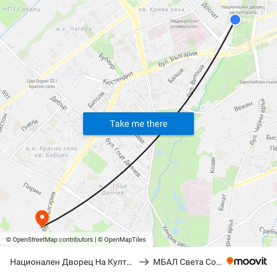 Национален Дворец На Културата / National Palace Of Culture (1134) to МБАЛ Свeта София (St. Sofia Hospital) map