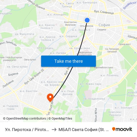 Ул. Пиротска / Pirotska St. (2111) to МБАЛ Свeта София (St. Sofia Hospital) map