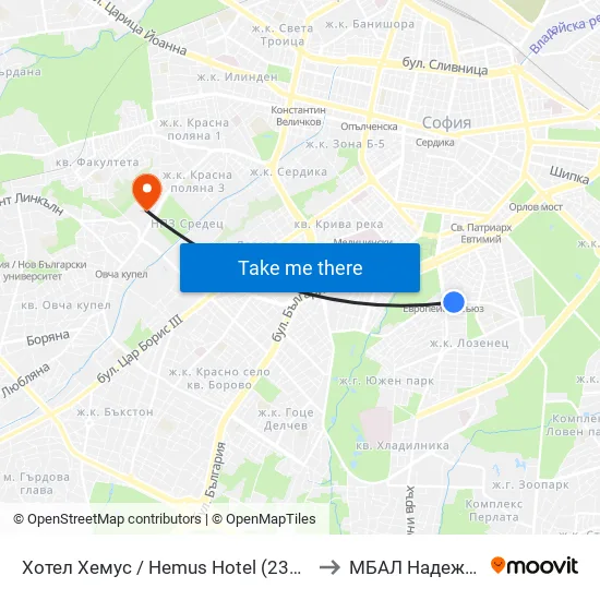 Ⓜ️ Хотел Хемус / Hemus Hotel (2329) to МБАЛ Надежда map