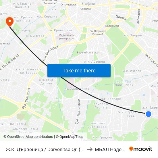 Ж.К. Дървеница / Darvenitsa Qr. (1012) to МБАЛ Надежда map