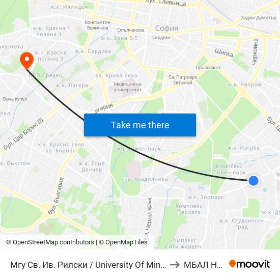 Мгу Св. Ив. Рилски / University Of Mining And Geology (1033) to МБАЛ Надежда map