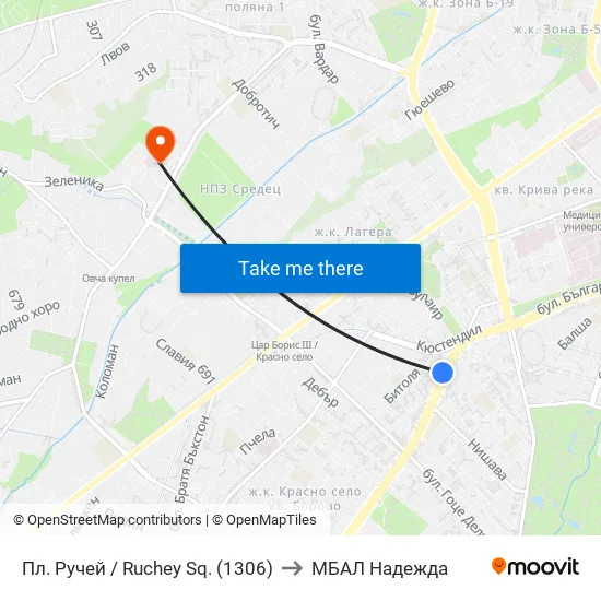 Пл. Ручей / Ruchey Sq. (1306) to МБАЛ Надежда map