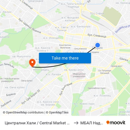 Централни Хали / Central Market Hall (2337) to МБАЛ Надежда map