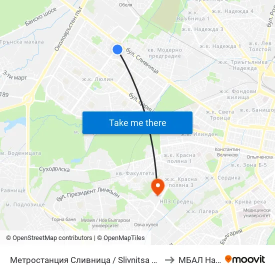 Ⓜ️ Метростанция Сливница / Slivnitsa Metro Station (1063) to МБАЛ Надежда map