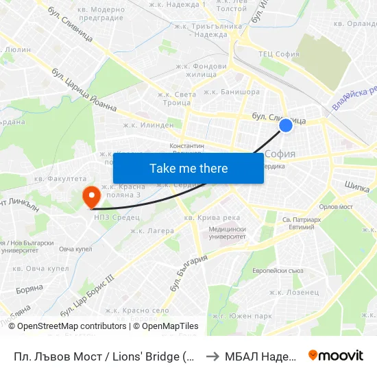 Ⓜ️ Пл. Лъвов Мост / Lions' Bridge (1276) to МБАЛ Надежда map
