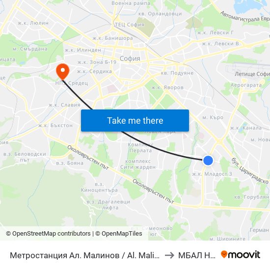 Метростанция Ал. Малинов / Al. Malinov Metro Station (0170) to МБАЛ Надежда map