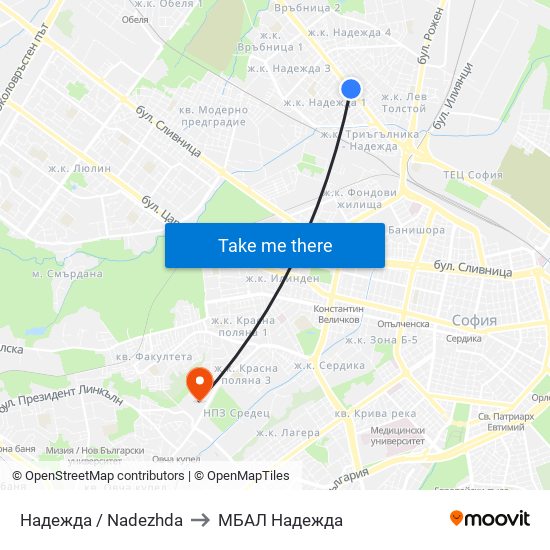 Надежда / Nadezhda to МБАЛ Надежда map