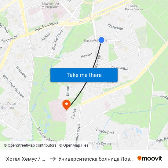 Хотел Хемус / Hemus Hotel (2329) to Университетска болница Лозенец (University hospital Lozenets) map