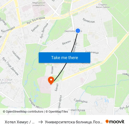 Ⓜ️ Хотел Хемус / Hemus Hotel (2329) to Университетска болница Лозенец (University hospital Lozenets) map