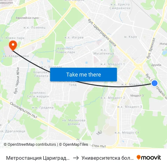 Ⓜ️ Метростанция Цариградско Шосе / Tsarigradsko Shosse Metro Station (1016) to Университетска болница Лозенец (University hospital Lozenets) map